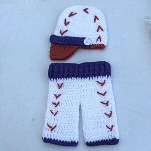 NWOT Handmade Red & White Crochet Hat & Pants Baseball Costume Premie Outfit